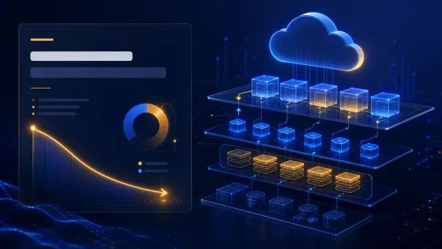 Kiến trúc hạ tầng cloud tối ưu tài nguyên với biểu đồ chi phí giảm và luồng tự động co giãn