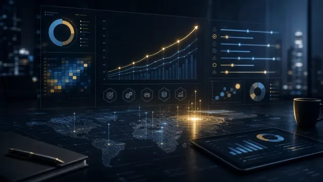 Bàn điều hành với dashboard ROI, biểu đồ dữ liệu và các quyết định đầu tư công nghệ